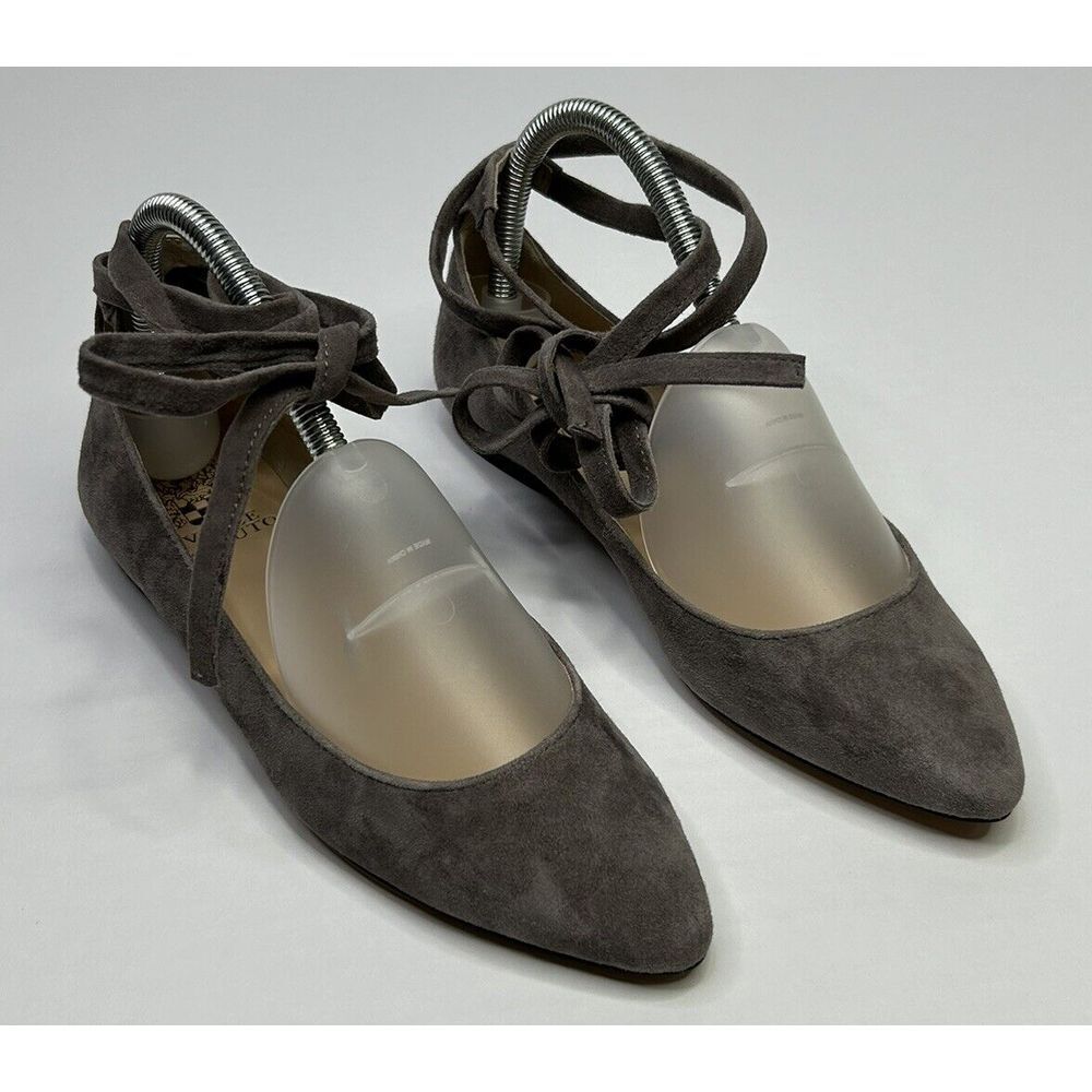 VINCE CAMUTO Ballet Flats Point Toe Women 6.5 Suede Bevian Ankle Tie Storm Cloud